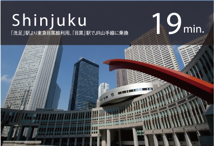 Shinjyuku 19min.「洗足」駅より東急目黒線利用、「目黒」駅でJR山手線に乗換