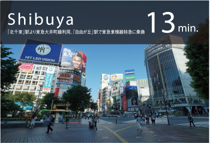 Shibuya 13min.「北千束」駅より東急大井町線利用、「自由が丘」駅で東急東横線特急に乗換