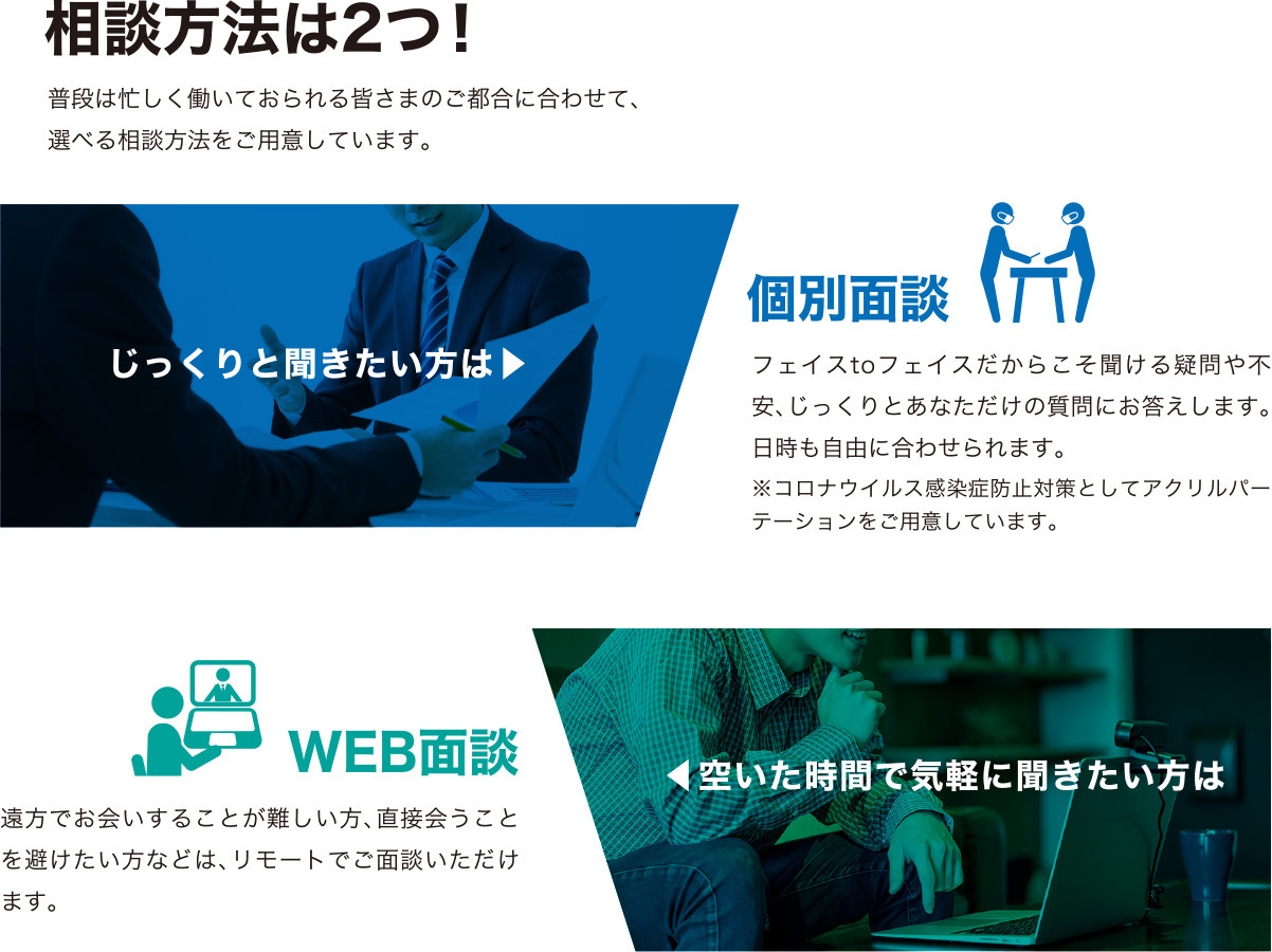 相談方法は2つ！普段は忙しく働いておられる皆さまのご都合に合わせて、
選べる相談方法をご用意しています。