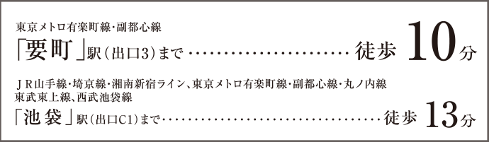 東京メトロ有楽町線・副都心線「要町」駅（出口3）まで徒歩10分　JR山手線・埼京線・湘南新宿ライン、東京メトロ有楽町線・副都心線・丸ノ内線、東武東上線、西部池袋線「池袋」駅（出口C1）まで徒歩13分