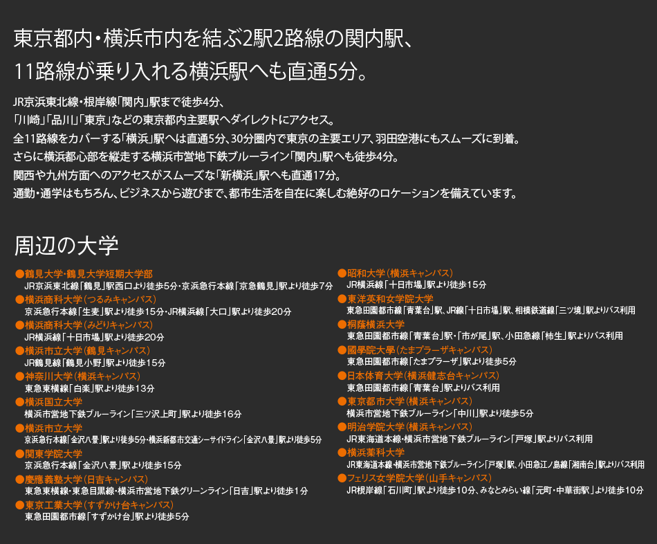 東京都内・横浜市内を結ぶ2駅2路線の関内駅、11路線が乗り入れる横浜駅へも直通5分