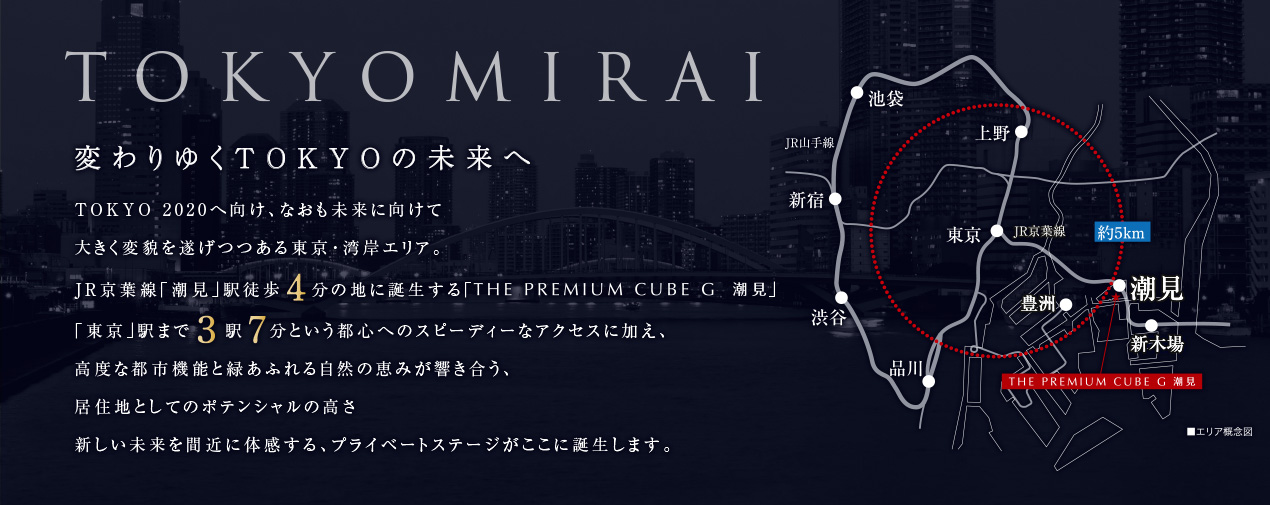 TOKYOMIRAI 変わりゆくTOKYOの未来へ TOKYO 2020へ向け、なおも未来に向けて大きく変貌を遂げつつある東京・湾岸エリア。JR京葉線「潮見」駅徒歩4分の地に誕生する「THE PREMIUM CUBE G 潮見」「東京」駅まで3駅7分という都心へのスピーディーなアクセスに加え、高度な都市機能と緑あふれる自然の恵みが響き合う、居住地としてのポテンシャルの高さ新しい未来を間近に体感する、プライベートステージがここに誕生します。